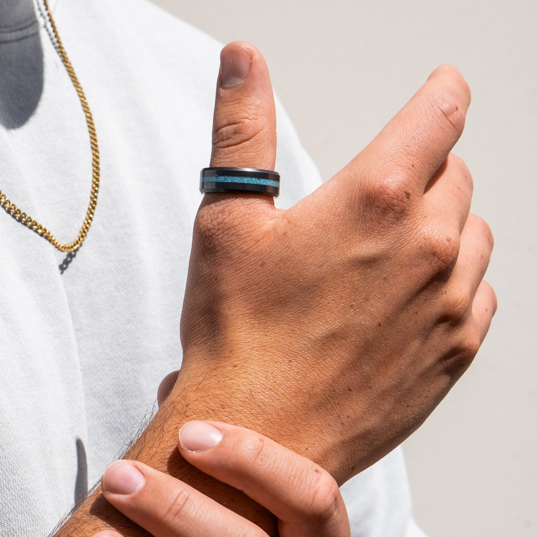 Black Diamond - Men’s Ring 8mm - Blue Opal Inlay - ARES - Elysium Black Diamond