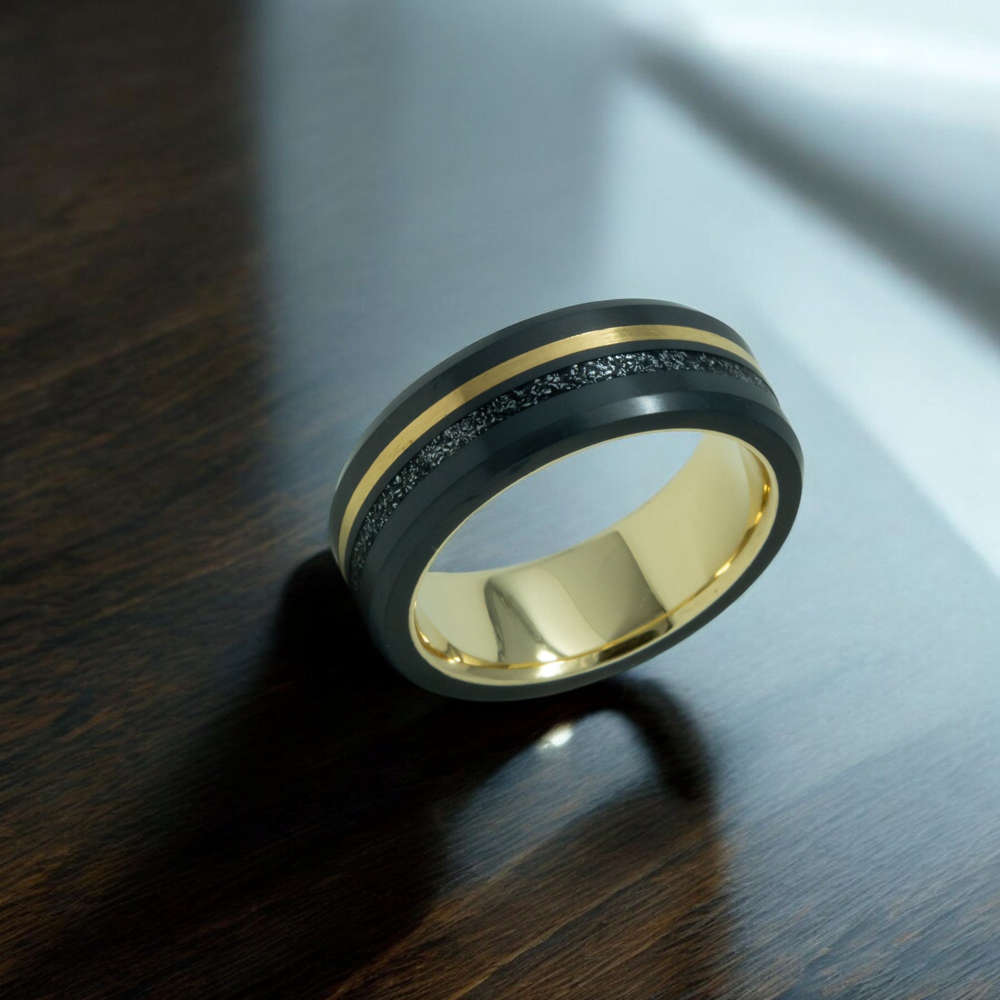 THE ORION - Size 9 - Polished - Meteorite + Yellow Gold Inlay with 14K Yellow Gold Sleeve - Ships Within 2 Business Days