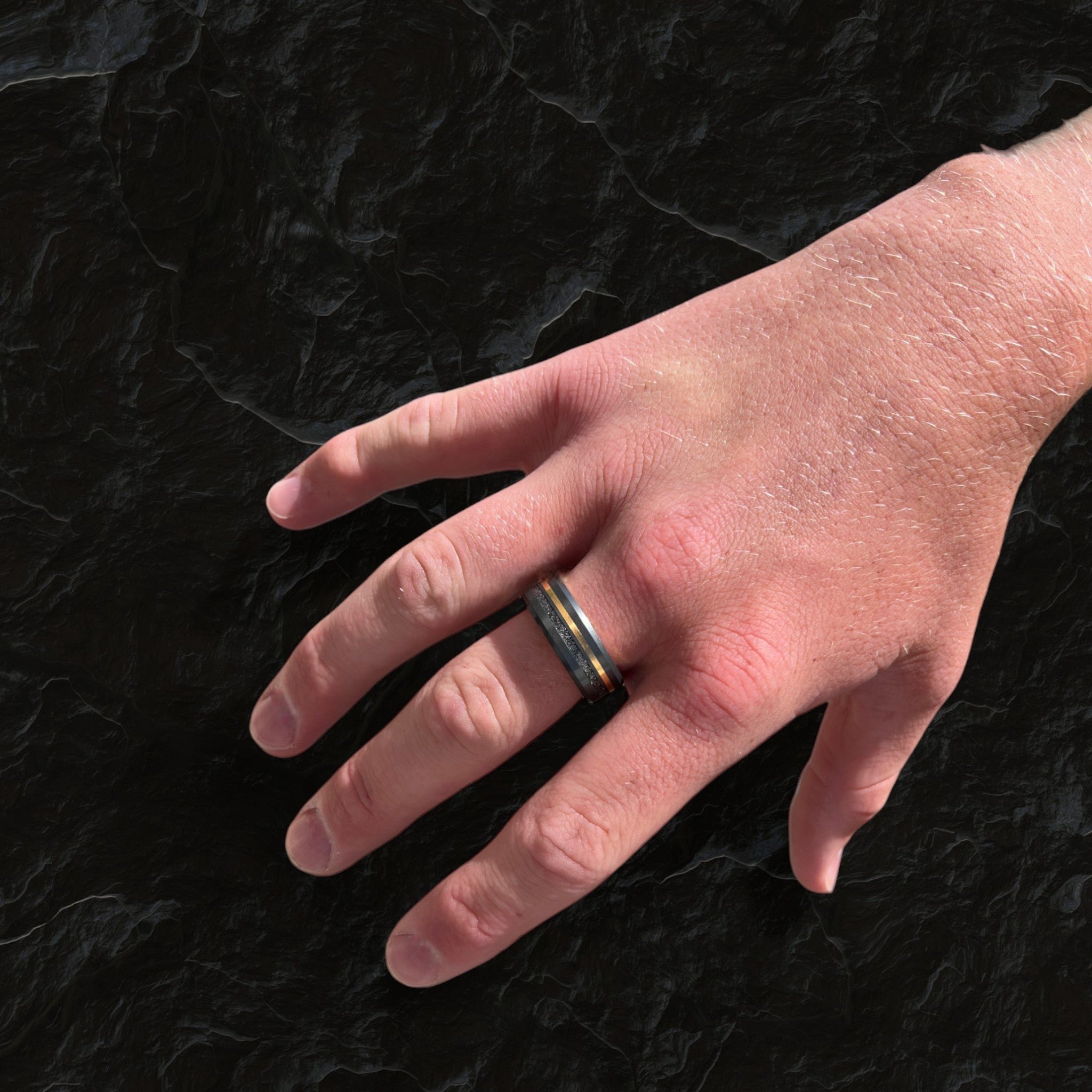 THE ORION - Size 9 - Polished - Meteorite + Yellow Gold Inlay with 14K Yellow Gold Sleeve - Ships Within 2 Business Days