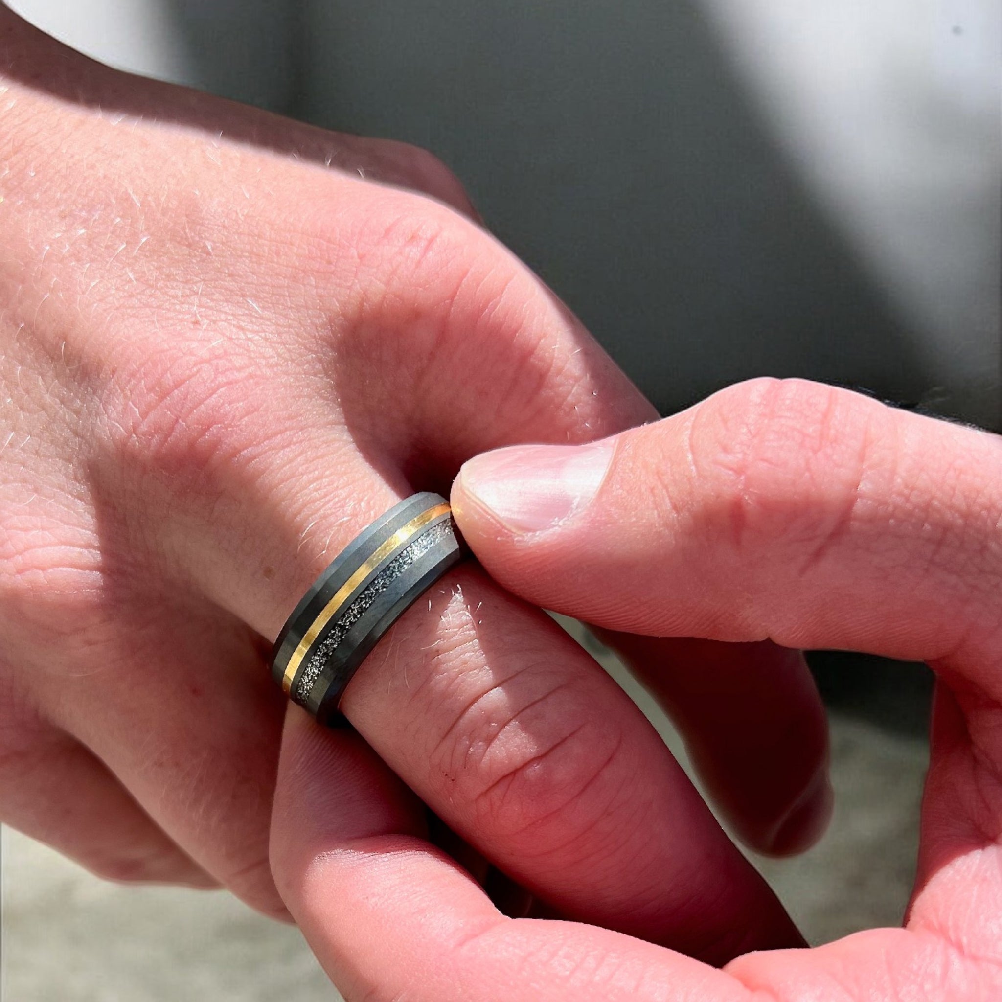 THE ORION - Size 9 - Polished - Meteorite + Yellow Gold Inlay with 14K Yellow Gold Sleeve - Ships Within 2 Business Days