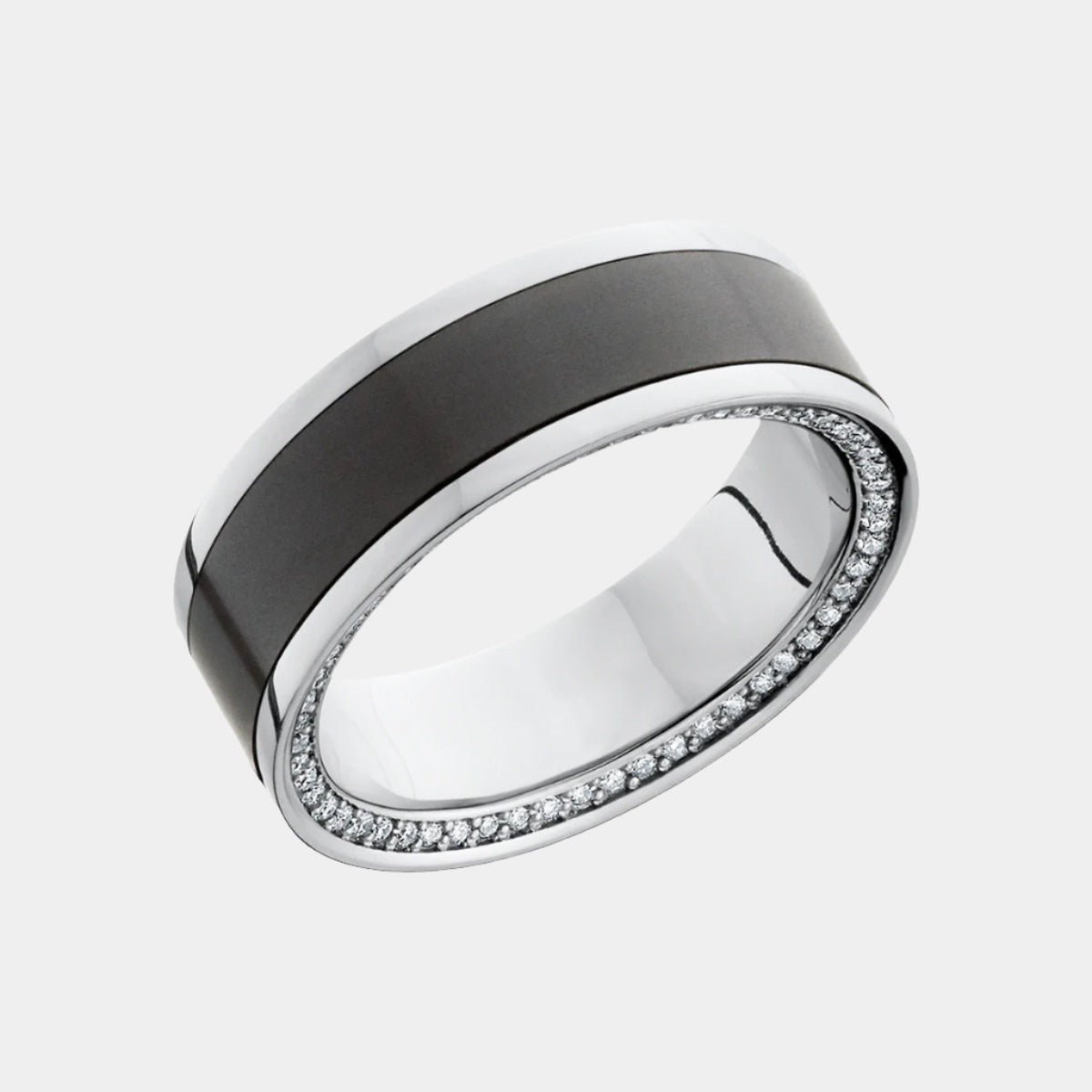 Solid Black Diamond Inlay Ring with a Platinum Band & Approximately 120 White Diamonds Inset on a Reverse Bevel | Elysium Black Diamond Ring - Zeus 8mm | Products | Image 1