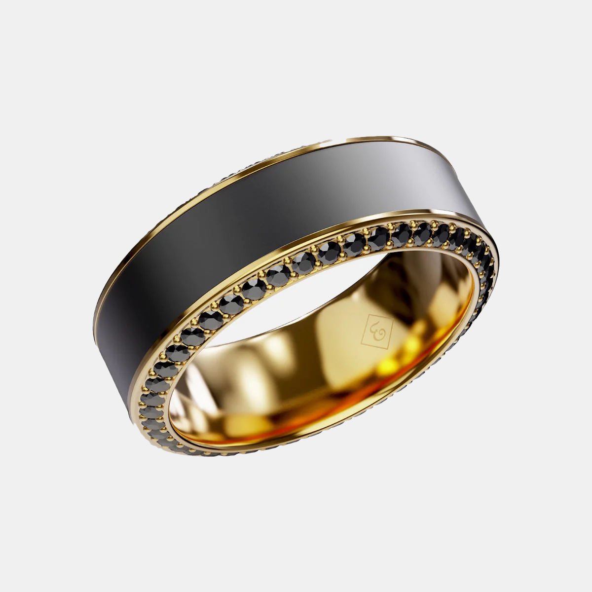 HELIOS  - 8mm - Size 9 - 18K Yellow Gold Band w Black Diamond inlay and Diamond Insets Polished Finish - SHIPS WITHIN 2 BUSINESS DAYS