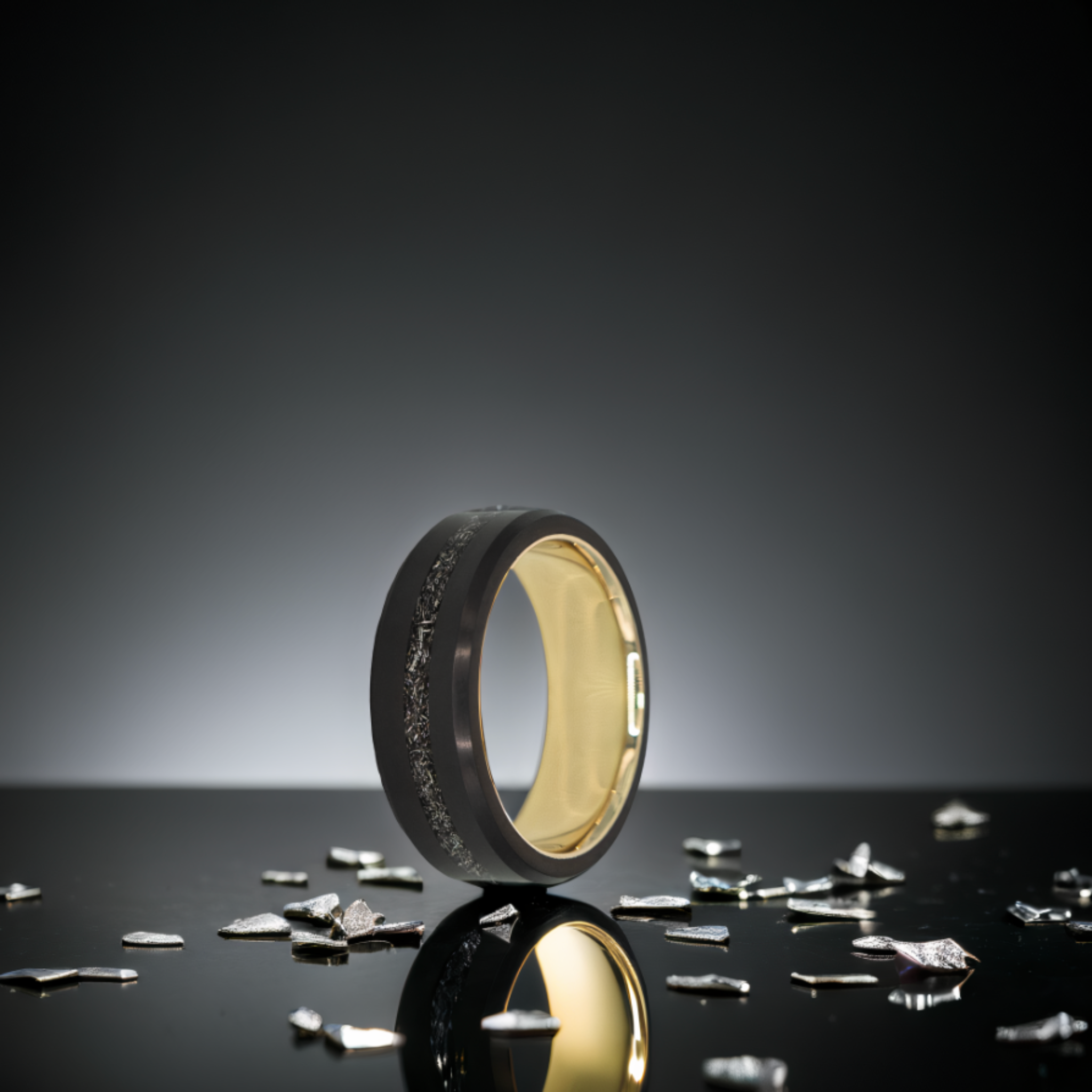 Black Diamond - Men’s Ring 8mm - Authentic Muonionalausta Meteorite Inlay With Sleeve - ARES - Elysium Black Diamond