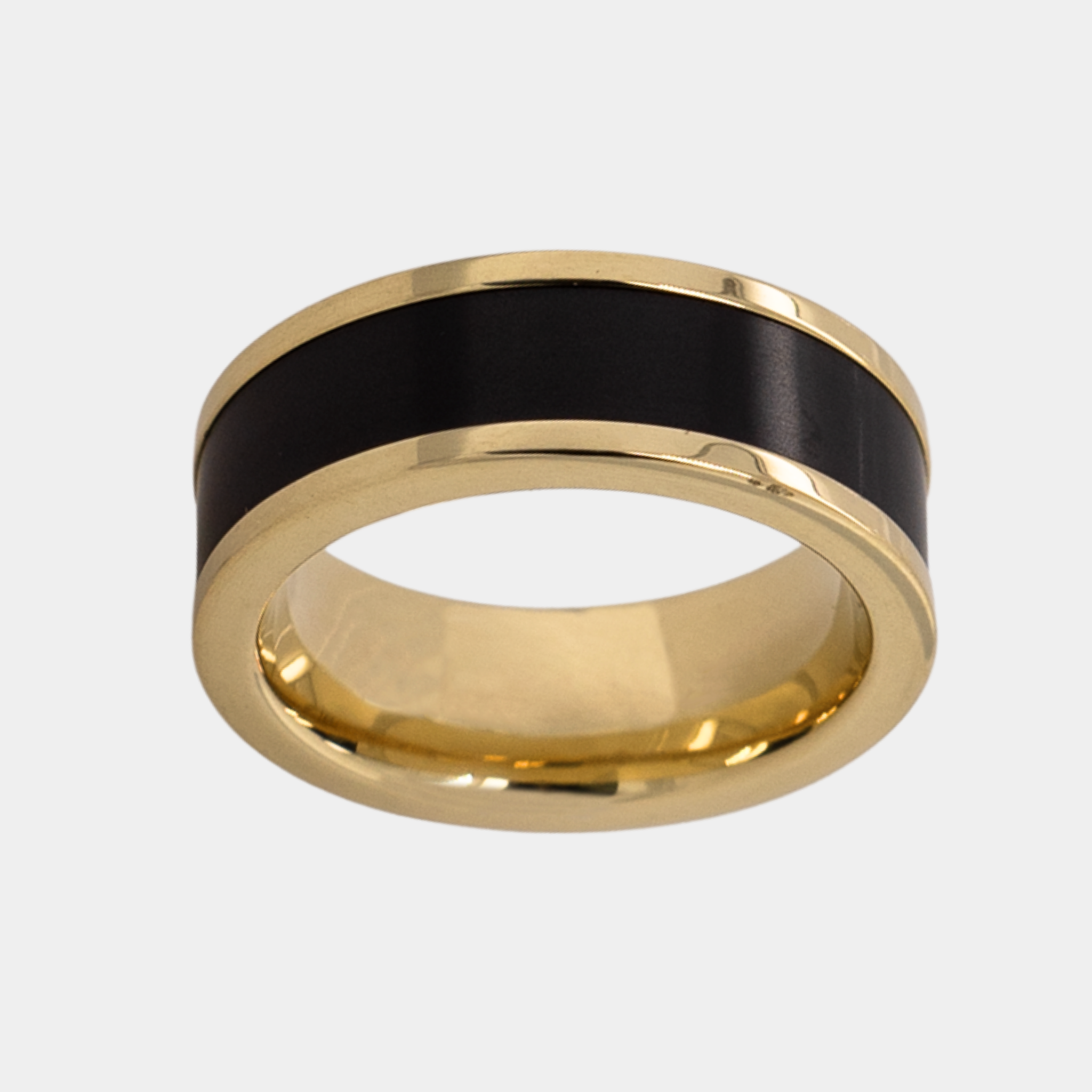 POSEIDON Flat Edge - 8mm - Size 8.5 - Polish Finish 14K Yellow Gold Band with Black Diamond Inlay - SHIPS WITHIN 2 BUSINESS DAYS