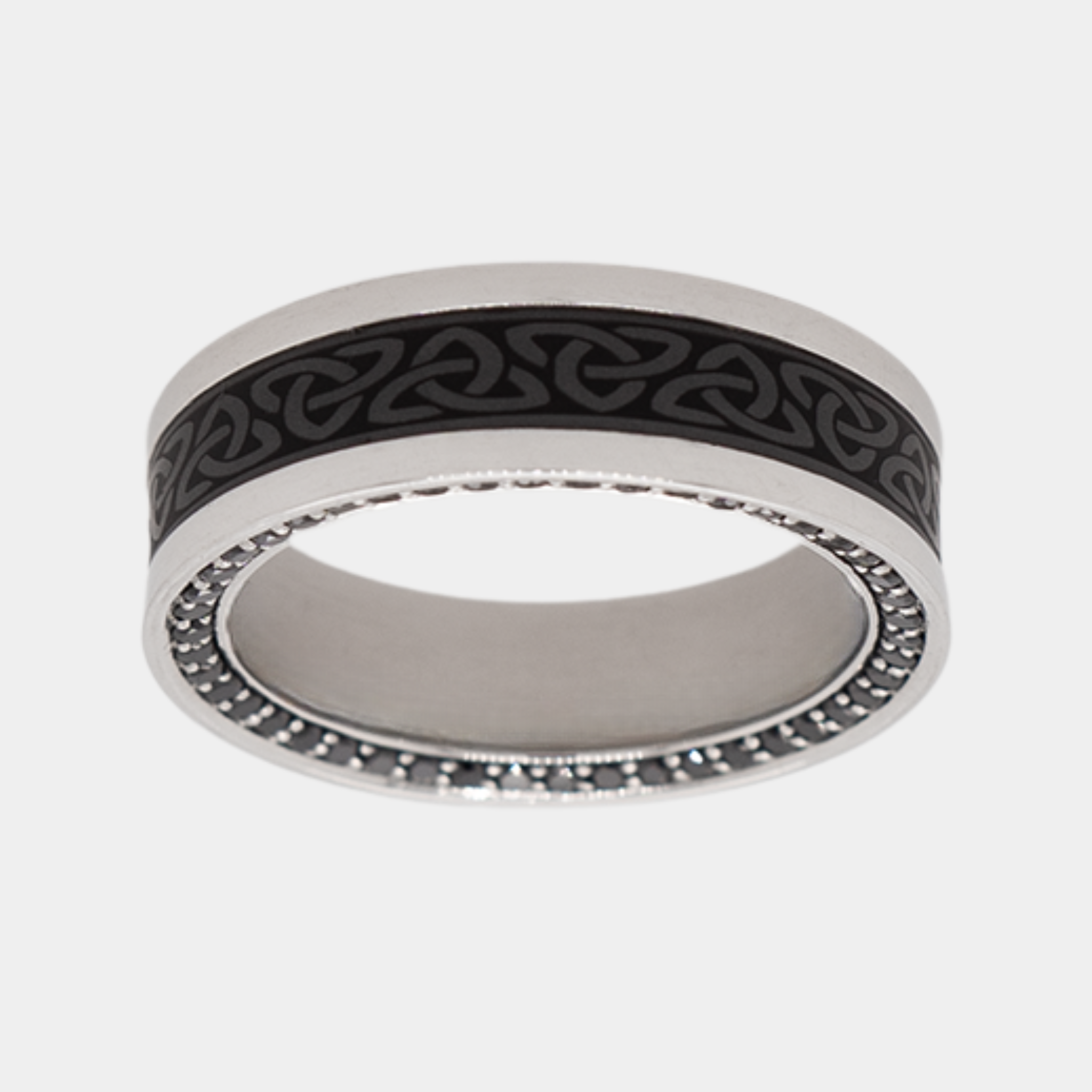 ZEUS 7mm - Size 10 - Satin Finish - Celtic Laser - Platinum Band with Black Diamond Inlay and Black Diamond Insets - SHIPS WITHIN 2 BUSINESS DAYS