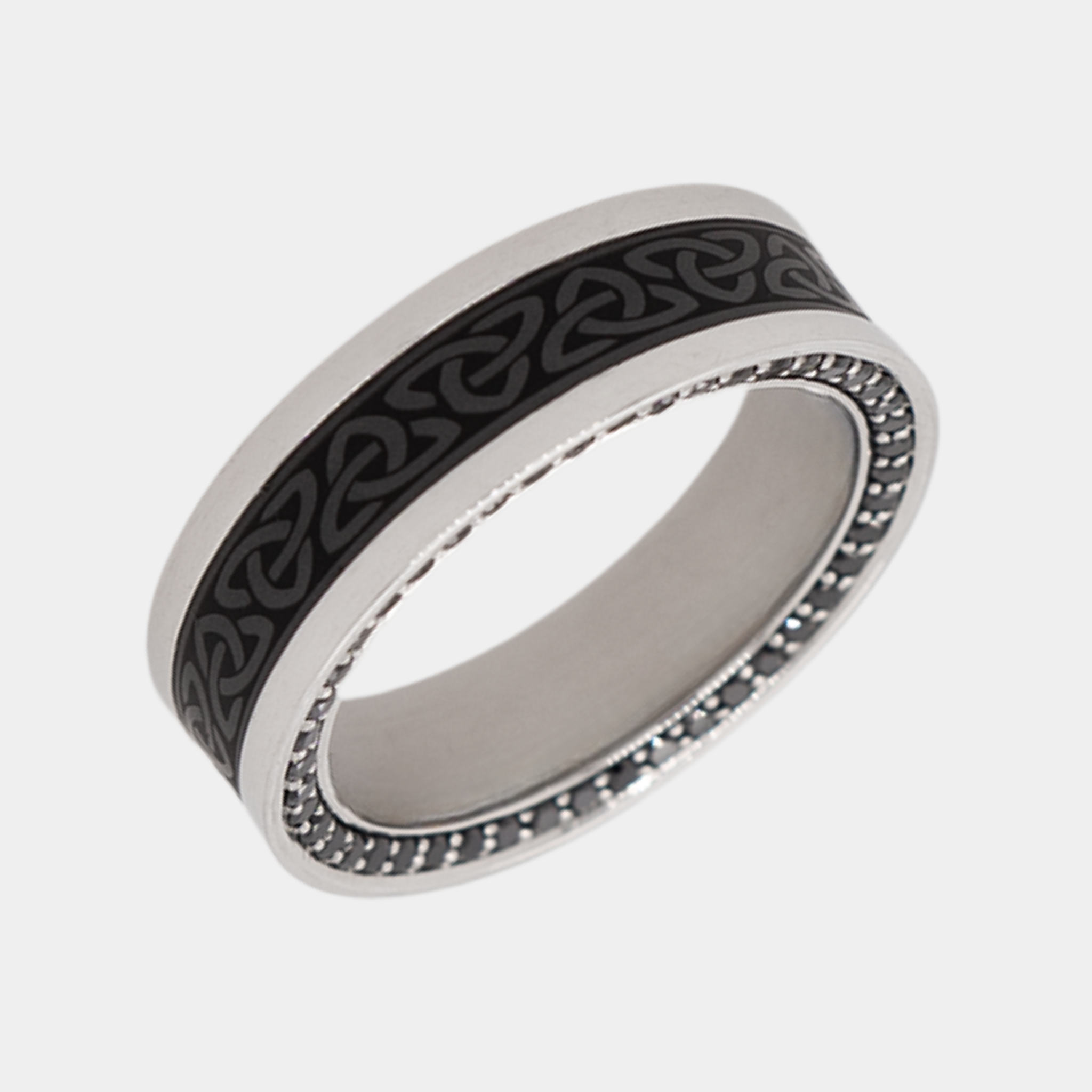 ZEUS 7mm - Size 10 - Satin Finish - Celtic Laser - Platinum Band with Black Diamond Inlay and Black Diamond Insets - SHIPS WITHIN 2 BUSINESS DAYS