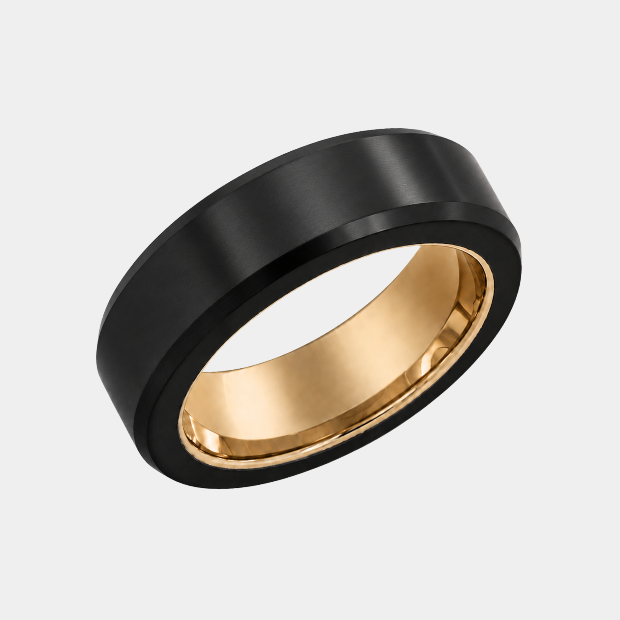 ARES 6mm polished solid black diamond wedding band with a yellow gold sleeve in a three-quarter studio view