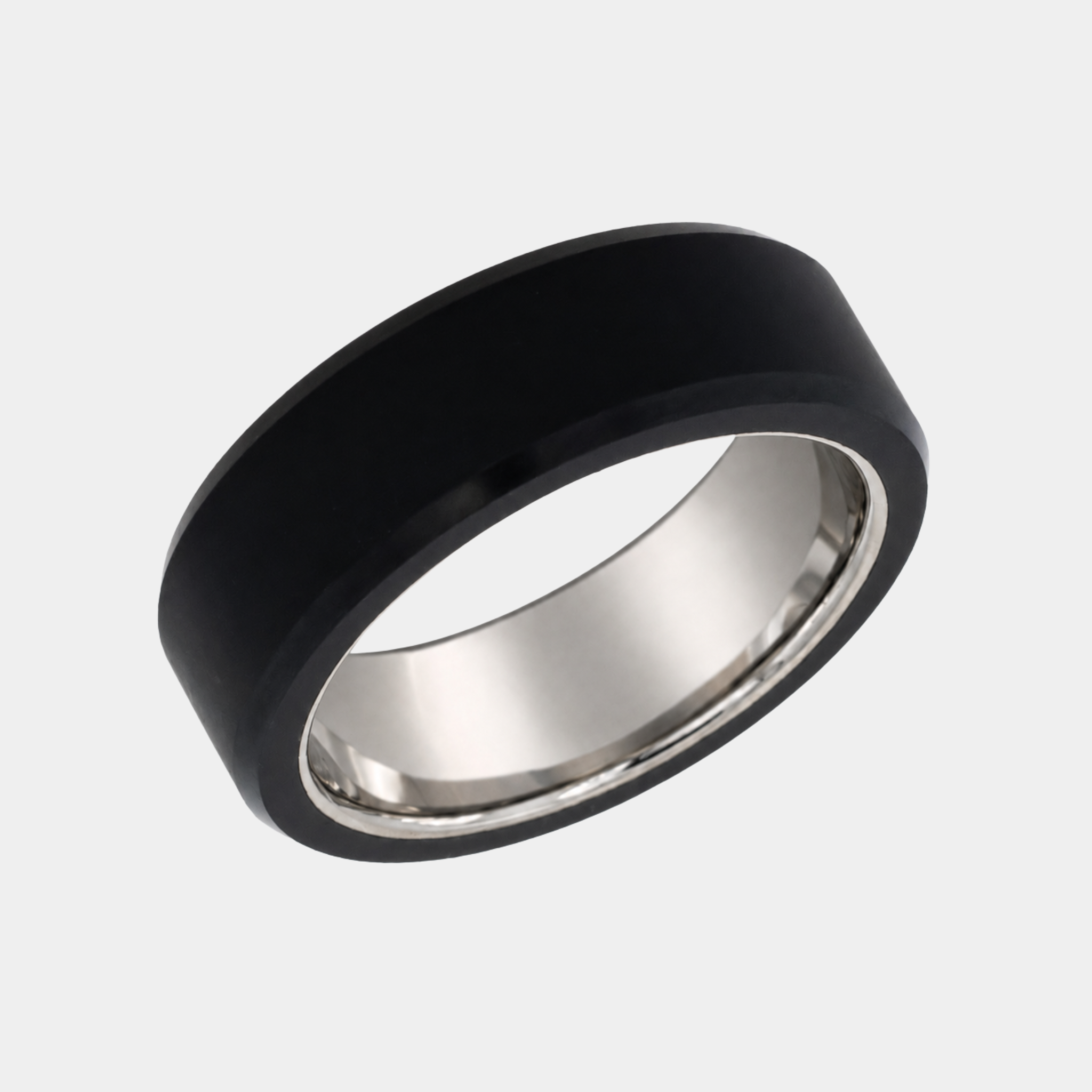 ARES 8mm polished solid black diamond wedding band with a white gold sleeve in a three-quarter studio view