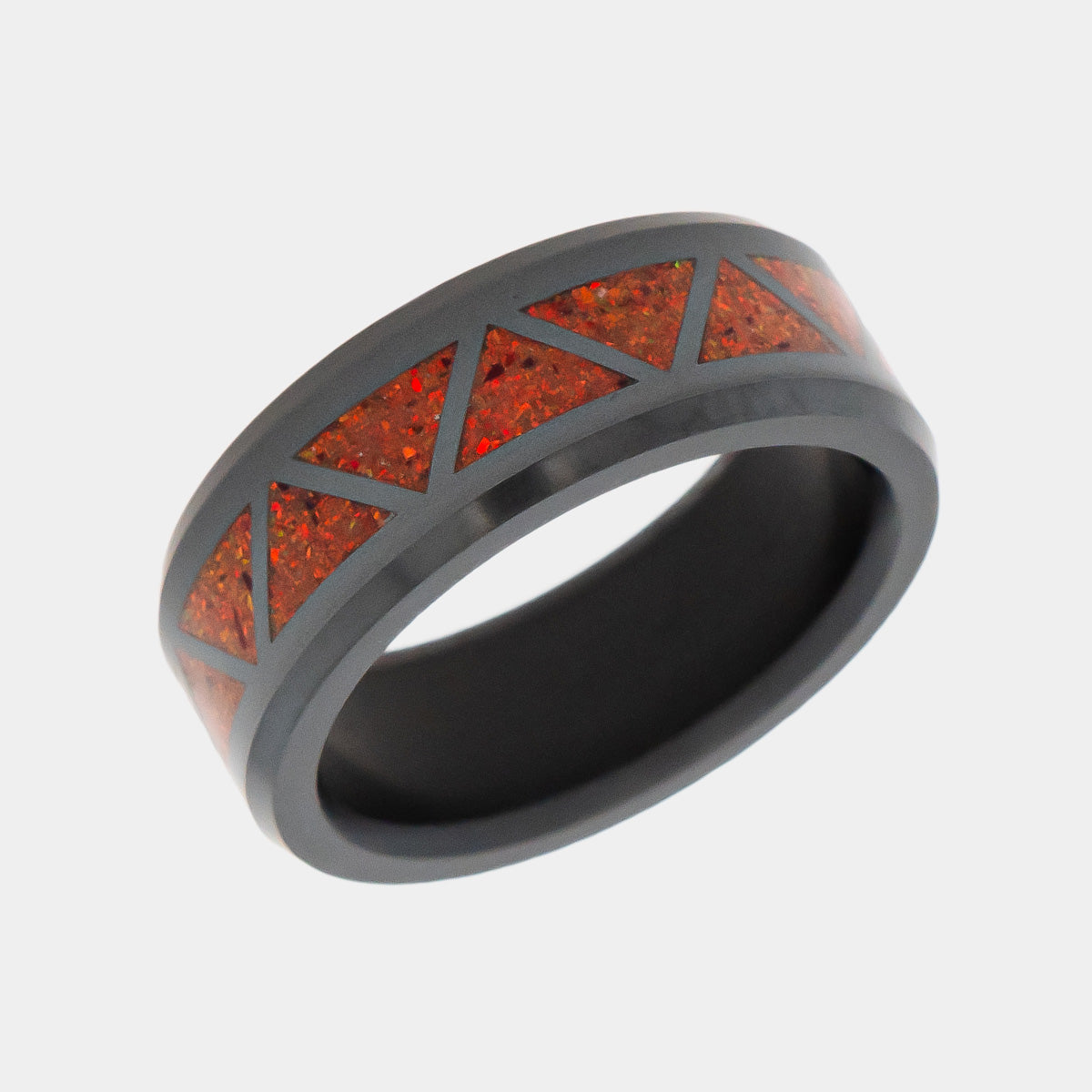 Black Diamond - Men’s Ring 8mm - Red Opal Triangle Pattern Inlay - ARES - Elysium Black Diamond