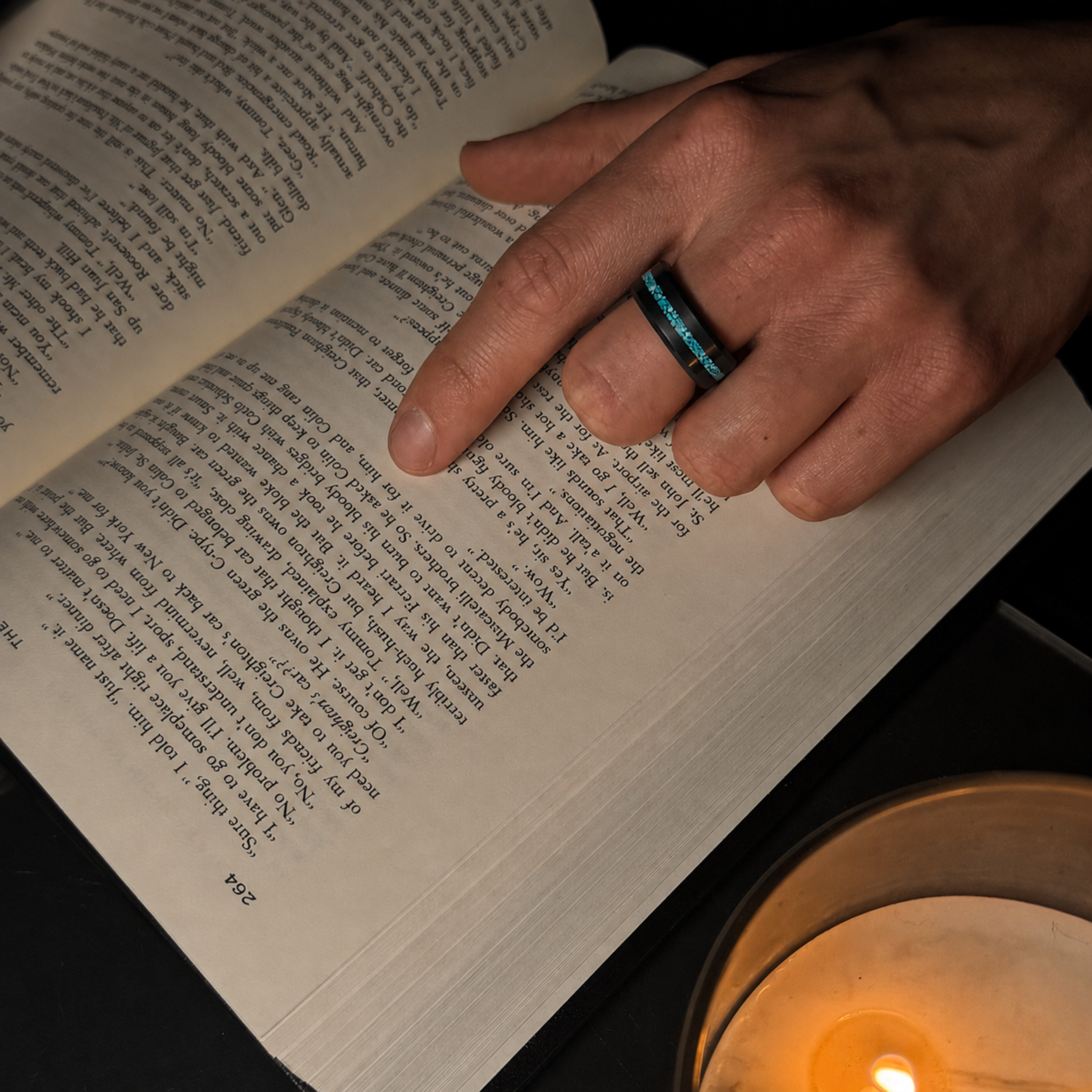 ARES turquoise inlay wedding band in solid black diamond worn on hand