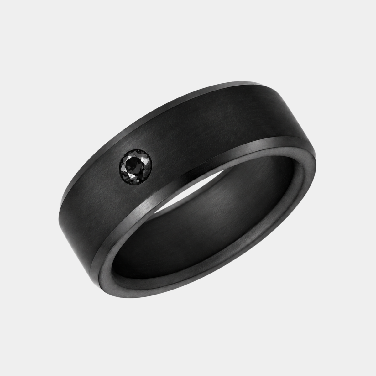 8mm ARES Stone Accent solid black diamond ring with beveled edges and a single Black diamond, angled view.