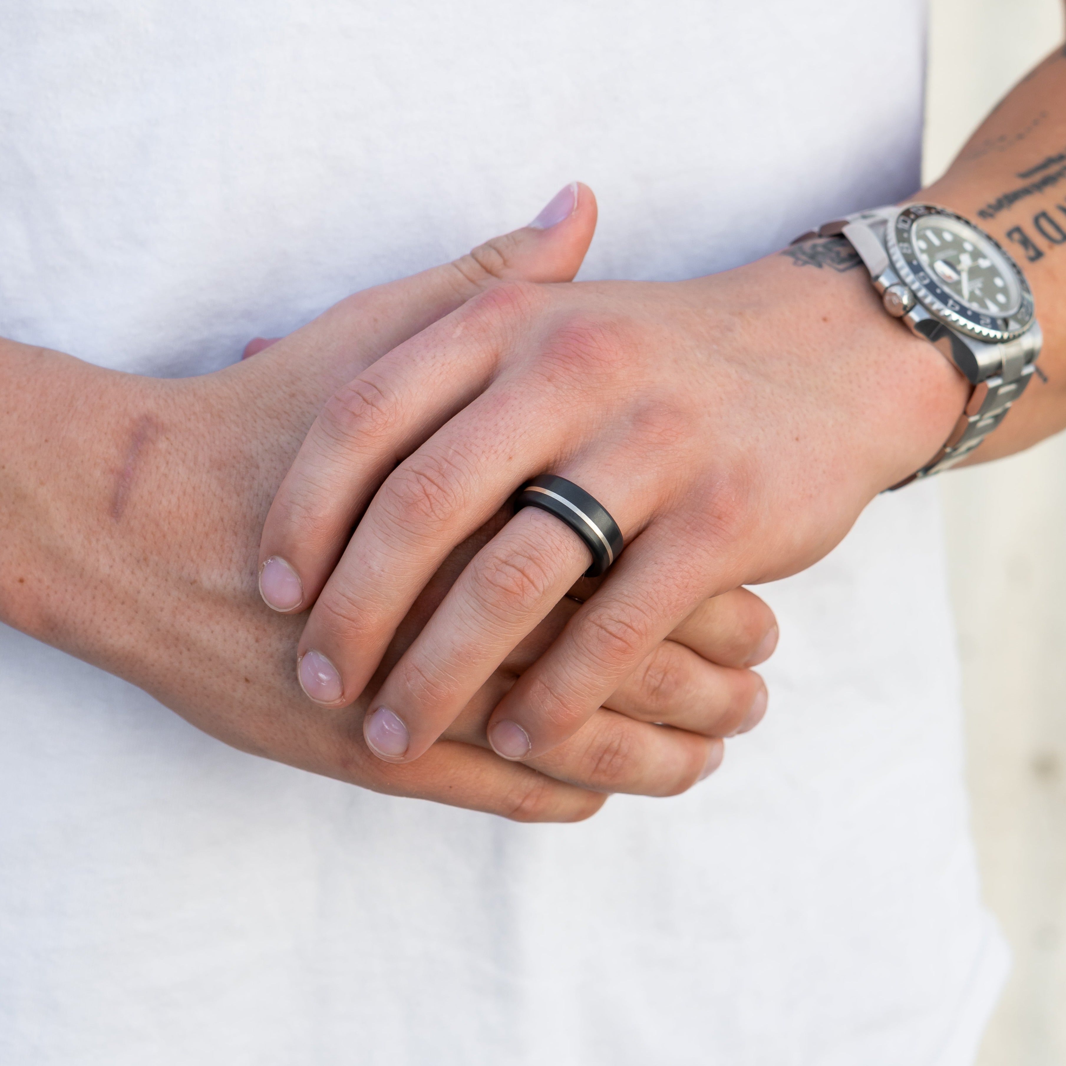 Men's Black Diamond Ring w/ Silver Inlay Lifestyle Shot #1 | Elysium ARES | Black and Silver Ring | Ring Black Silver | Black Diamond Ring Silver