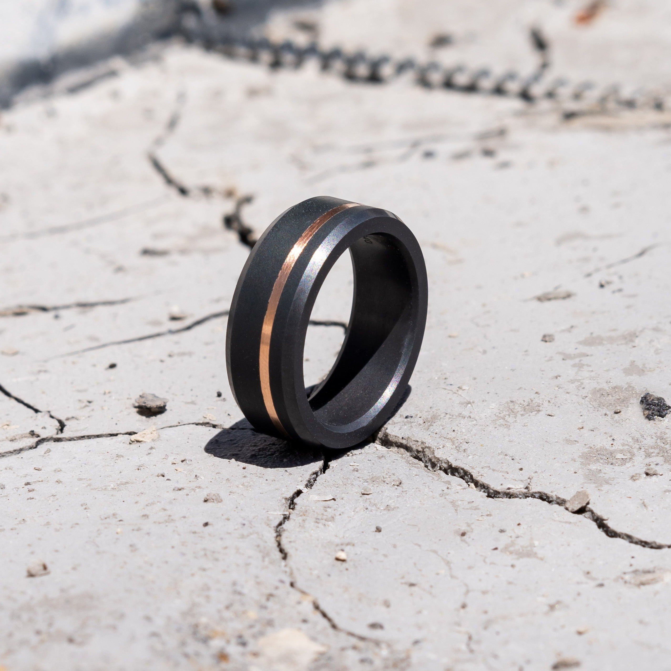 Black Diamond - Men’s Ring 8mm - Offset Inlay Rose Gold - ARES - Elysium Black Diamond