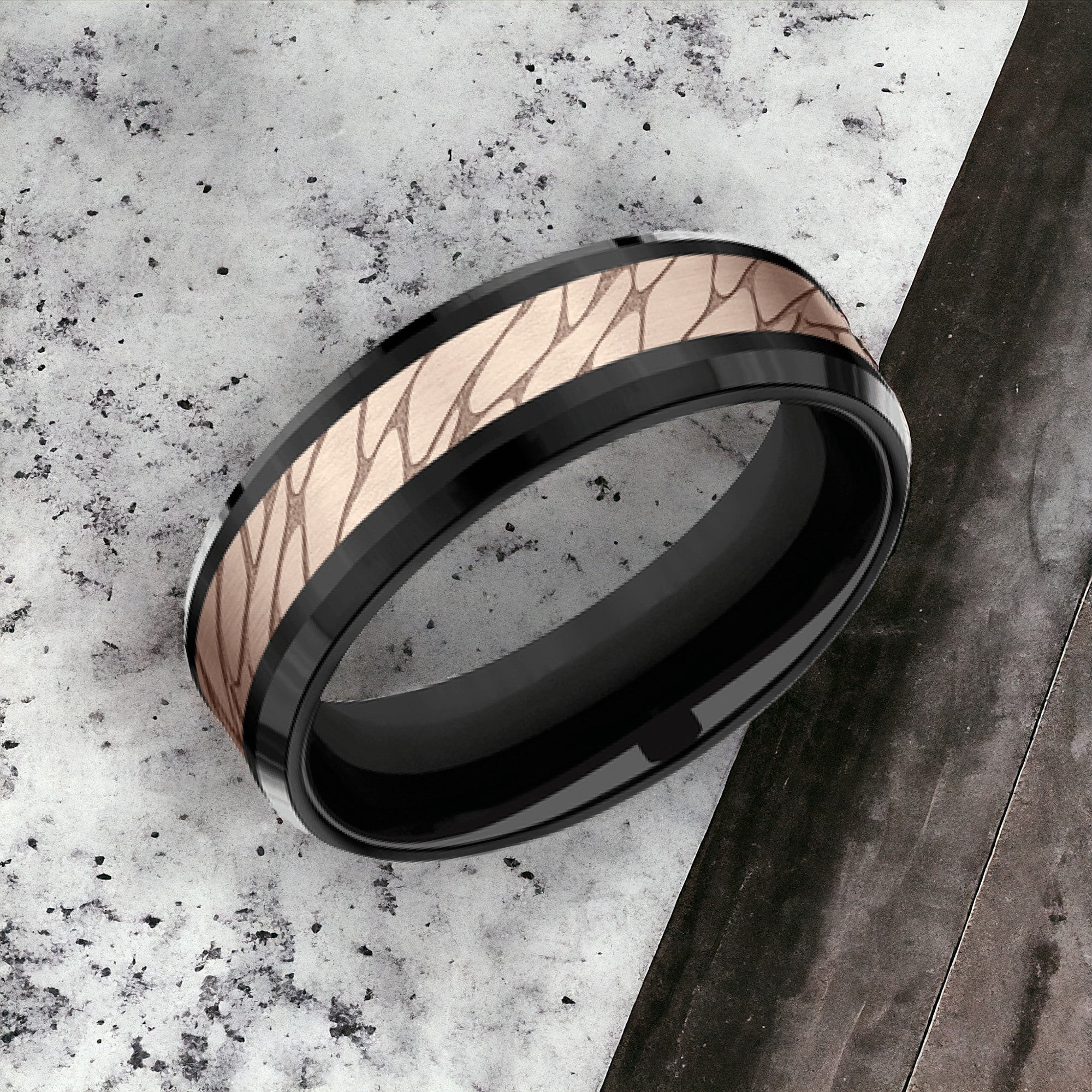 Men's Wedding Band | The Dino | Black Titanium with 14K Rose Gold | Elysium