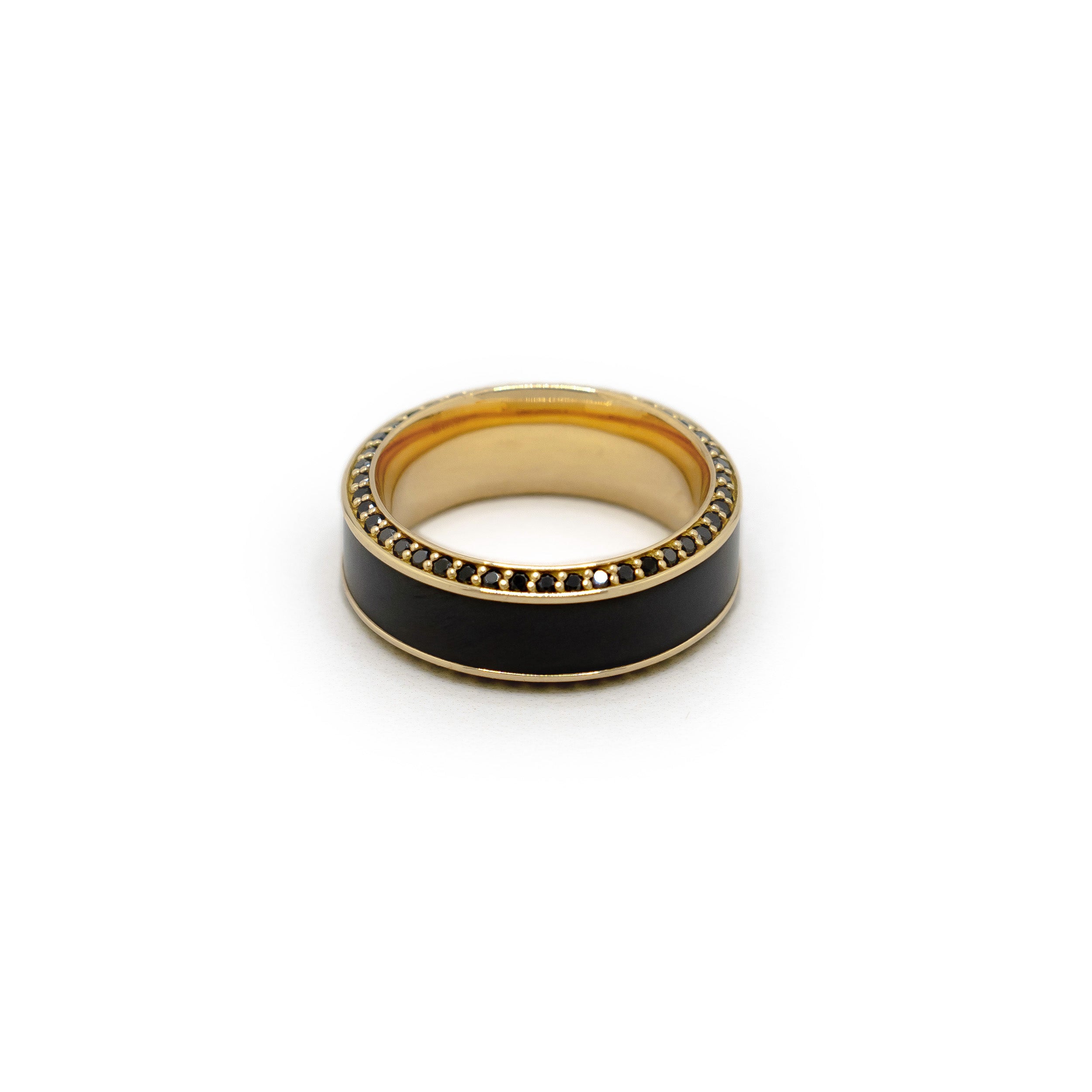 Black Diamond - Men’s Ring 8mm - Yellow Gold Band w Black Diamond inlay and Diamond Insets - HELIOS - Elysium Black Diamond